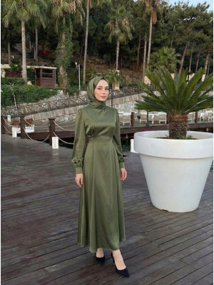 Foremia Kuşak Aksesuar Detay Saten Elbise-Haki -