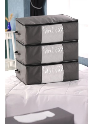 Mikasso 3'lü Set Büyük Boy 70X50X25CM Pencereli Çekyat&baza Altı,yorgan&yastık Düzenleyici Hurç Antrasit Gri