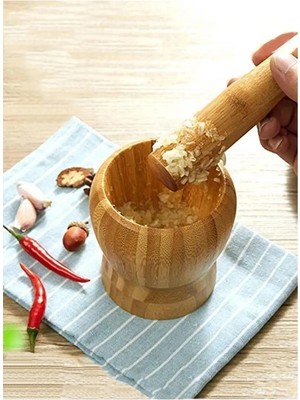 Mikasso Doğal Bambu Ahşap Sarımsak Ezeceği Havan Orta Boy Bambu Ahşap Sarımsak Ezeceği Ahşap
