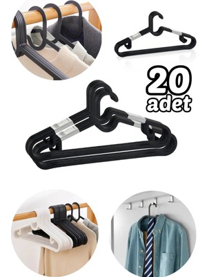 Mikasso 20 Adet Siyah Plastik Elbise Kıyafet Askısı 24'lü Set Plastik Siyah Tr