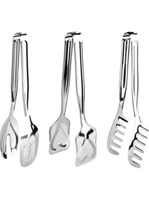 Mikasso 3'lü Paslanmaz Çelik Servis Maşa Seti Makarna Maşası, Pasta Maşası, Salata Maşası Paslanmaz Çelik Gü