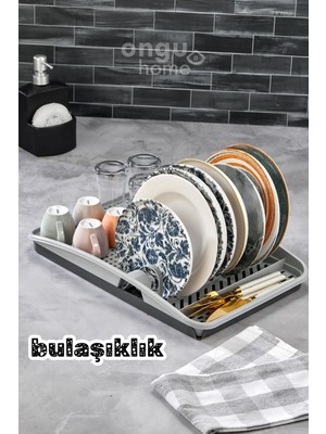Mikasso Tezgah Üstü Tepsili Bulaşık Kurutmalığı Durulama Tabaklık Bardaklık Bulaşıklık Büyük Boy Plastik Gri