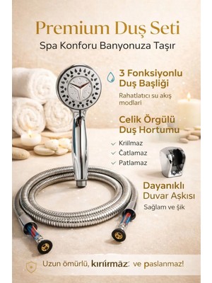 Mikasso Duş Seti Premium 3 Fonksiyonlu – Spa Etkili Duş Başlığı, Çelik Örgülü Kırılmaz Hortum, Duvar Askılı