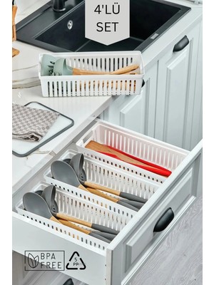 Mikasso 4'lü Set Kaşıklık ve Kepçelik Çekmece Içi Düzenleyici / Beyaz Plastik Beyaz