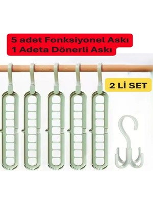 Mikasso 5 Adet Fonksiyonlu Dolap Içi Düzenleyici Organizer Askı Tişört Gömlek Elbise Askısı-Yeşil Plastik Ye