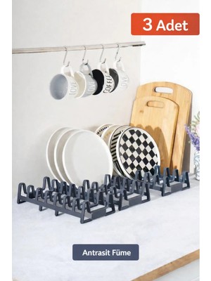 Mikasso Tabakpro 3 Adet 7 Bölmeli Tabak ve Kapak Düzenleyici, Dolap Içi Kurutmalık, Tabaklık Plastik Gri