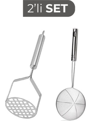 Mikasso Paslanmaz Çelik Mutfak Seti 26 cm Patates Ezici ve Kızartma Yağ Kevgiri Süzgeç Kepçe Paslanmaz Çelik