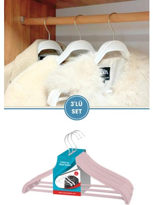 Mikasso 3 Adet Elbise Askısı, Kıyafet Gömlek Pantolon Ceket Plastik Askı 3’lü Set (Kalınlık: 2,5cm) Pembe Pl