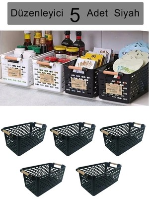 Mikasso 5 Adet Siyah Çok Amaçlı Plastik Tutacaklı Organizer Sepet Plastik