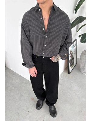 HAFKA Siyah Premium Çizgili Oversize Gömlek