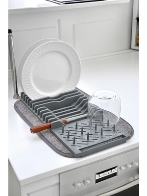 Mikasso Küçük Boy 25 x 36 cm Gri Renk Mikrofiber Bulaşık Kurutma Matı Bulaşıklık Mat Tezgah Üstü Bez Plastik