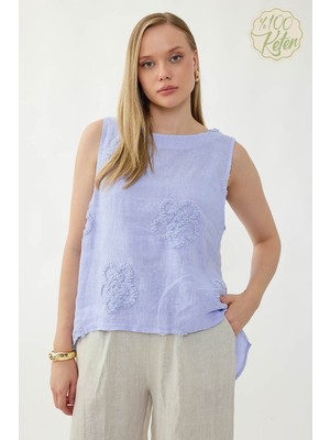 Vitrin %100 Keten Çiçek Motifli Sıfır Kol Bluz