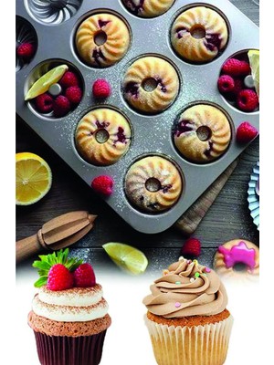 Mikasso 12'li Yanmaz Yapışmaz Silikon Muffin Kalıbı Cupcake Mini Kek Pişirme Fırın Kalıp Karbon Çelik Siyah
