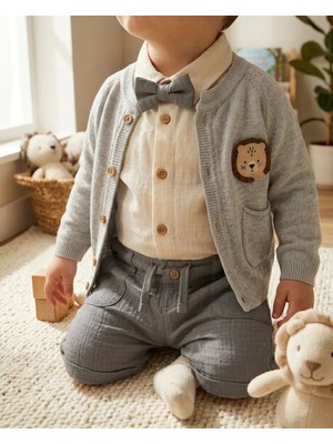 Cocosiss %100 Pamuk Bayramlık Erkek Bebek 3’lü Kombin Takım – Papyonlu Gömlek, Hırka ve Pantalon