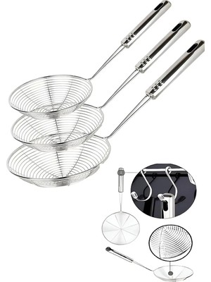 Mikasso Çelik Kevgir Süzgeç Seti Patates Sebze Yağ Kızartma Kevgiri Tel Kepçe 3'lü Servis Seti Çelik Kevgir
