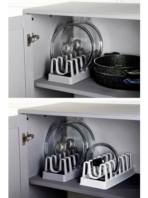 Mikasso 6 Bölmeli Tencere Kapak Rafı - Tencere Kapak Organizeri Plastik Beyaz