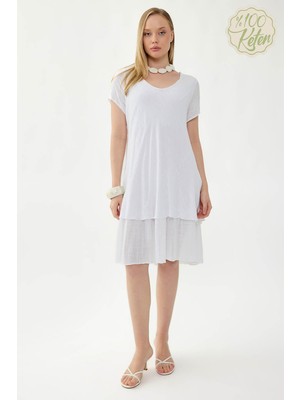 Vitrin %100 Keten V Yaka Kısa Kol Elbise