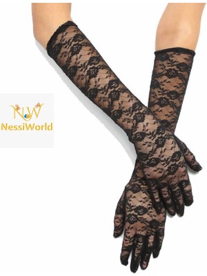 NessiWorld Siyah Renk Orta Boy Dantelli Eldiven Uzun Model