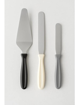 Mikasso 3'lü Pasta Spatula Seti, Paslanmaz Çelik, Siyah-Beyaz-Gri Saplı, Krem Sürme ve Dekorasyon Için Çelik