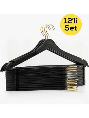 Mikasso 12 Adet - Ahşap Görünümlü Plastik A Kalite Siyah Elbise Askı Gold Kanca Plastik Siyah