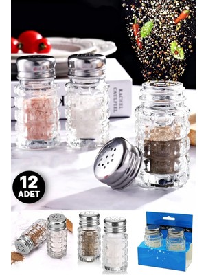 Mikasso 12'li Cam Tuzluk Karabiberlik Baharatlık Lokanta Ev Ofis Metal Başlıklı Yuvarlak Still Tuzluk Seti C