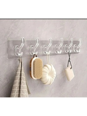 Mikasso 2 Li Kendinden Yapışkanlı Güçlü 6 Lı Şeffaf Askılık-Banyo-Mutfak-Kapı Arkası Şeffaf