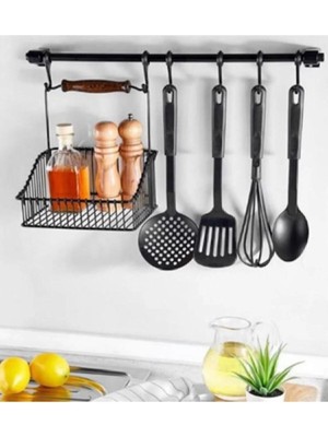 Mikasso Ferforje Sepet + Duvar Rayı Askılık Siyah Metal Siyah