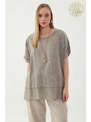 Vitrin %100 Keten Çiçekli Oversize Bluz