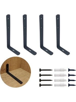 Mikasso 6X11.5 cm - 4 Ad. Mat Siyah Modern Çelik Raf Altı Ayak - Metal Raf Tutucu Aparat - L Konsol Demiri S