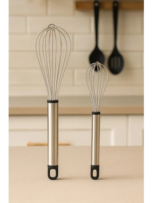 Mikasso 2’li Paslanmaz Çelik Mutfak Çırpıcı Seti-Yumurta, Sos ve Krema Çırpıcı Karıştırıcı Tel Çelik