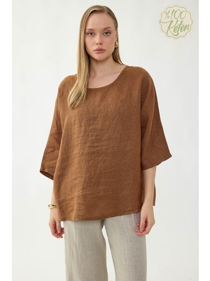 Vitrin %100 Keten Geniş Yaka Oversize Kısa Kol Bluz