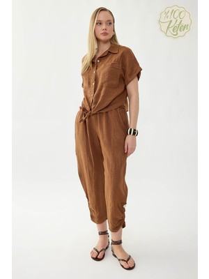 Vitrin %100 Keten Beli Lastikli Paçası Düğmeli Pantolon