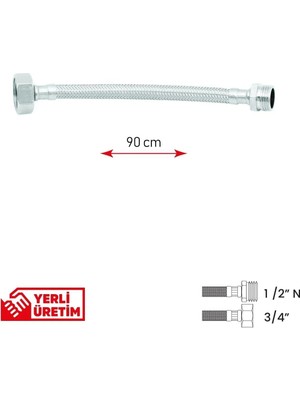 Mikasso Paslanmaz Çelik Flex Hortum 1/2 Nipel - 3/4 Tesisat Bağlantı Hortumu 90 cm Gri