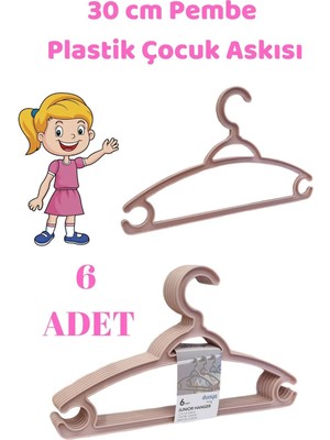 Mikasso 6 Adet Pembe Çocuk Plastik 30 cm Kıyafet Askısı Elbise Askısı Plastik Pembe