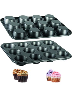 Mikasso 12'li Muffin Kalıbı Cupcake Kapsülü Fırın Mini Kek Browni Kek Kabı Yanmaz Yapışmaz Karbon Çelik Siya