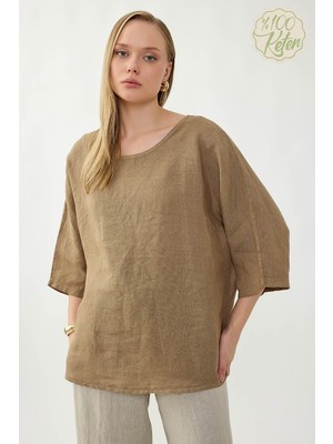 Vitrin %100 Keten Geniş Yaka Oversize Kısa Kol Bluz