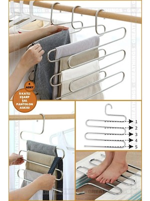 Mikasso 4 Adet - Metal 5 Katlı Dolap Içi Pantolon Eşarp Şal Askısı , Çoklu Askılık, Dekoratif Akıllı Askı Me