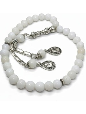 Lunel Accessory 8 mm Beyaz Sedef Taşı Ay Yıldız Figürlü Tesbih - 33'lü Özel Tasarım Imameli Doğal Taş Tesbih