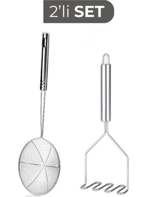 Mikasso 2 Li Set Paslanmaz Çelik Mutfak Seti Kızartma Yağ Kevgiri ve 24 cm Patates Ezici Paslanmaz Çelik