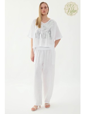 Vitrin %100 Keten Paçası Pileli Cepli Pantolon