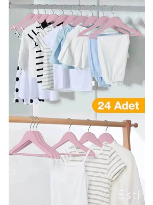 Mikasso 24 Adet - Ahşap Görünümlü Çocuk ve Bebek Elbise ,kıyafet Askısı Pembe Plastik Pembe Tr