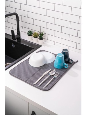 Mikasso Mikrotex Bulaşık Matı Süper Emici Bulaşık Kurutma Matı 45X36CM Tezgah Üstü Bulaşık Matı Antrasit Bel