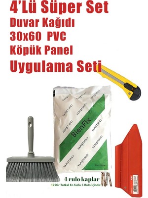 Mikasso 4'lü Süper Set Duvar Kağıdı, Pvc, Köpük, Panel, Uygulama Seti -125 Gram Tutkal-Spatula-Fırça-Falçata