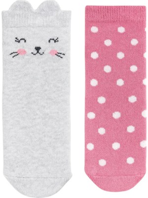 Solde Sevimli Desenli Bebek Çorapları – Pembe Puantiyeli & Gri Kedi Figürlü