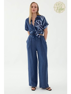 Vitrin %100 Keten Beli Ip Bağlamalı Geniş Paça Pantolon