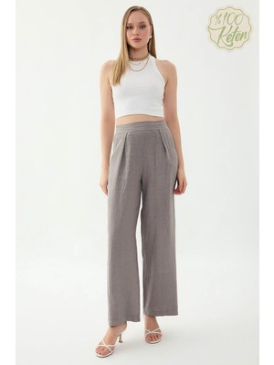 Vitrin %100 Keten Beli Lastikli Önü Pileli Pantolon