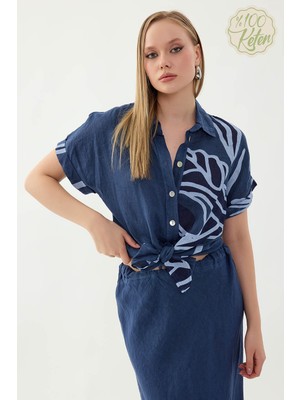 Vitrin %100 Keten Önü Bağlamalı Tek Tarafı Çiçek Desen Kısa Kol Gömlek