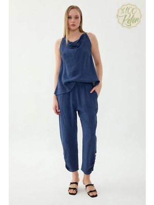 Vitrin %100 Keten Beli Lastikli Paçası Düğmeli Pantolon