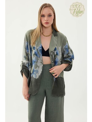 Vitrin %100 Keten Çiçek Desen Tek Düğme Ceket