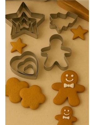 Mikasso 12’li Paslanmaz Çelik Kurabiye Kalıbı Set Yıldız Çam Ağacı Kalp ve Adam Figürlü 3 Er Adet Paslanmaz